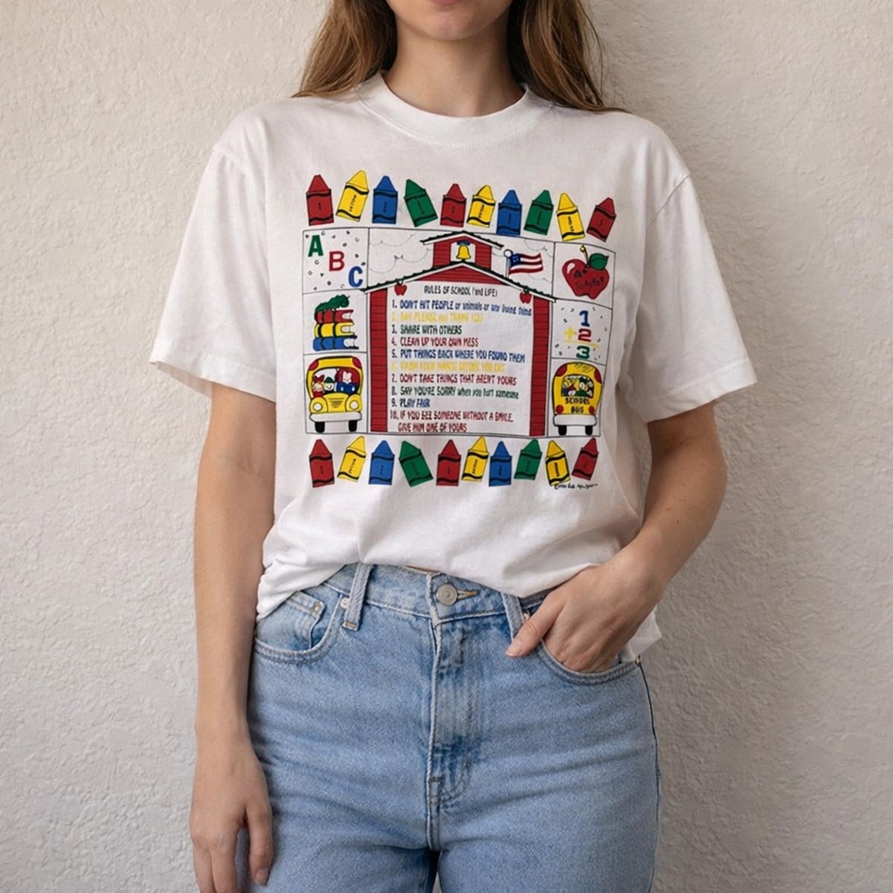 Vintage 90s teacher shirt kindergarten Prek rules crayons school bus abc 123